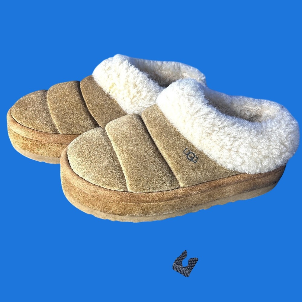 UGG Womens Chestnut Suede Tazzlita Platform Slippers Sz 10 Chunky Lounge Quilted